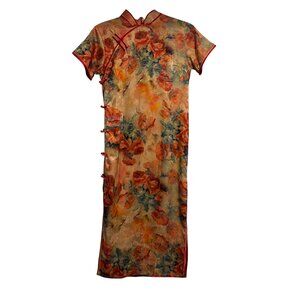 Silk Spandex Red Orange Floral Cheongsam Qipao Mandarin Collar Dress Size Medium